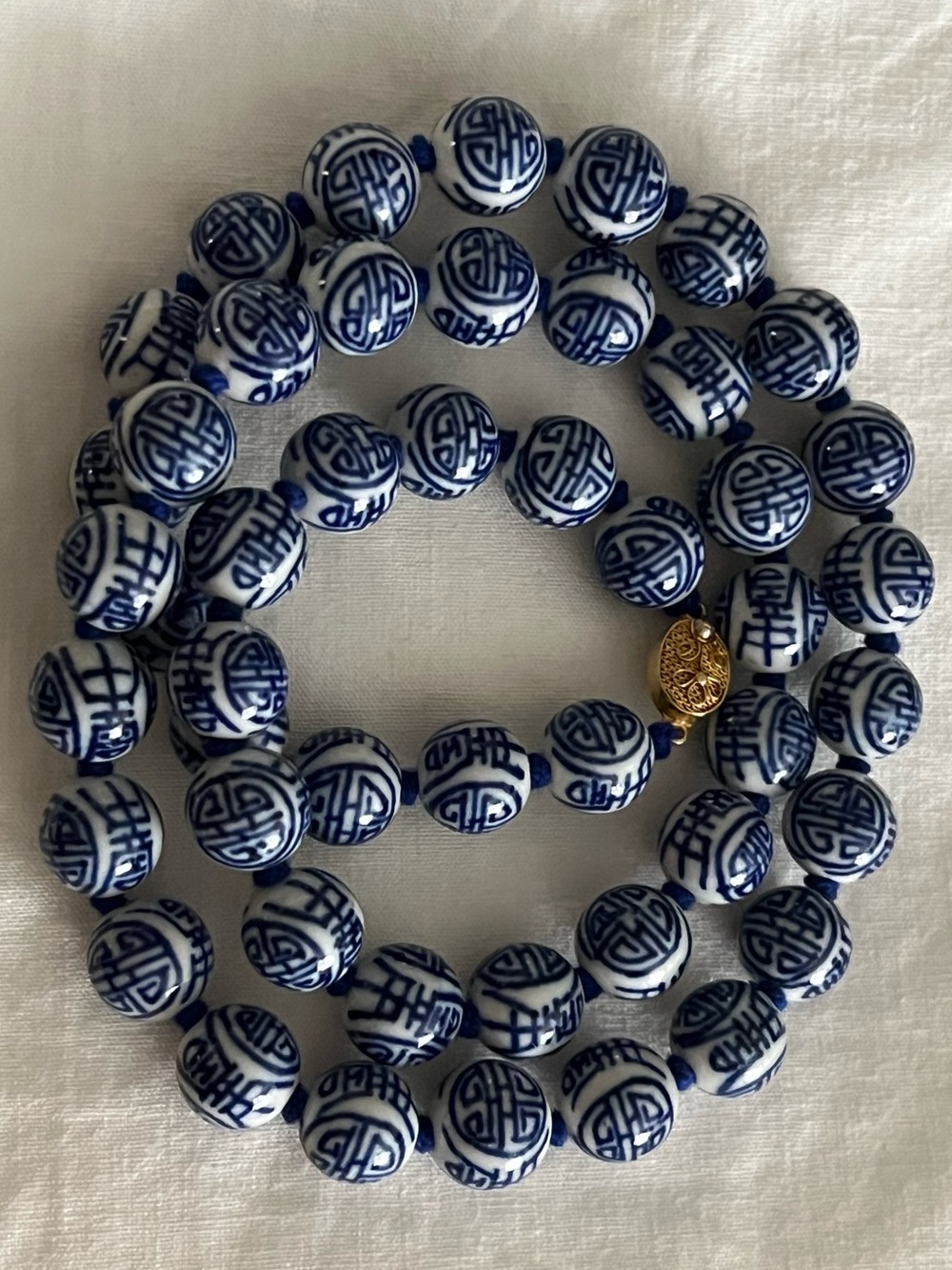 Handknotted Blue and White Asian Porcelain Bead Necklace